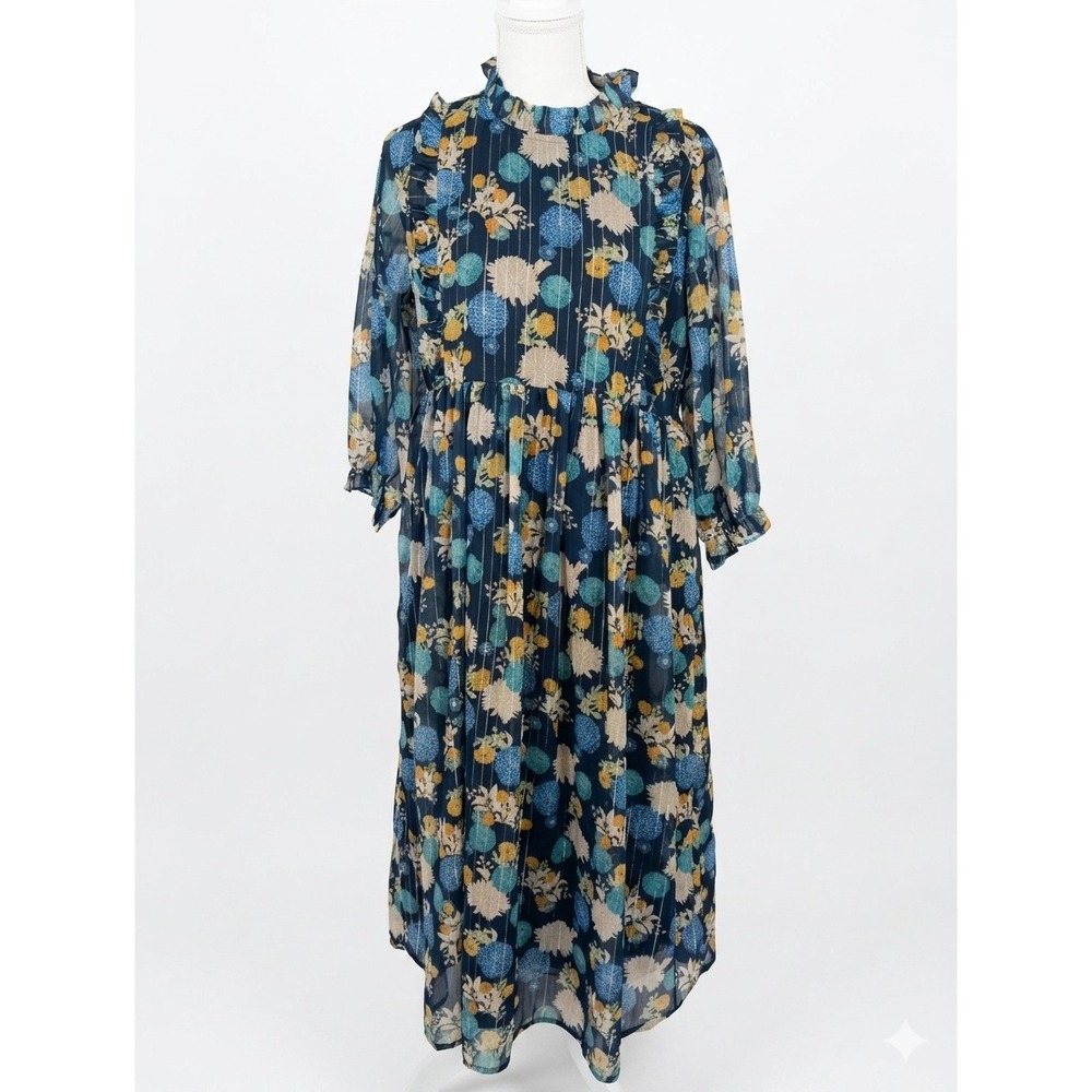 Janasya Womens Floral Metallic Pinstripe Ruffle Midi Dress Navy Blue Large L